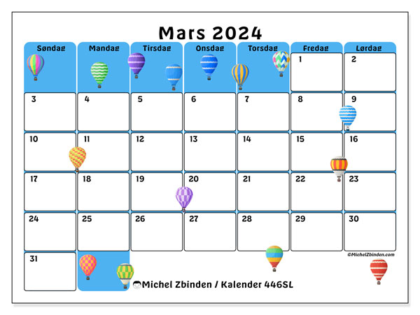 Kalender mars 2024, 446SL. Gratis kalender for utskrift.