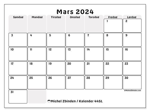 Kalender mars 2024 “44”. Gratis plan for utskrift.. Søndag til lørdag
