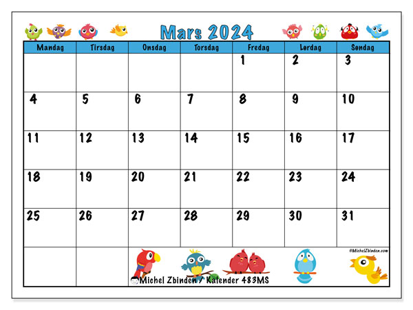 Kalender mars 2024 “483”. Gratis journal for utskrift.. Mandag til søndag