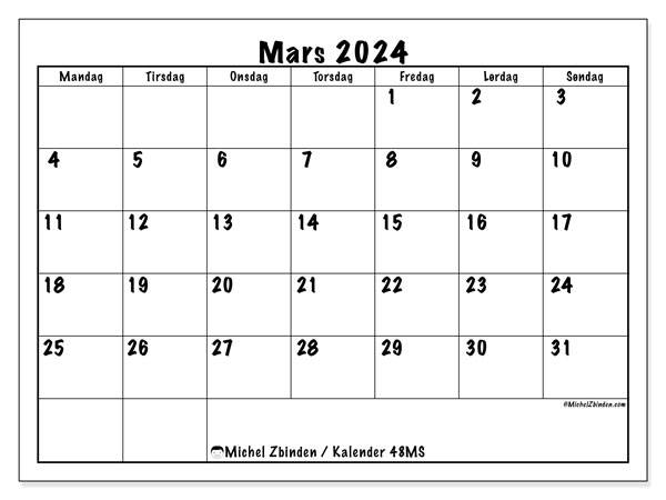 Kalender mars 2024, 48MS. Gratis kalender for utskrift.