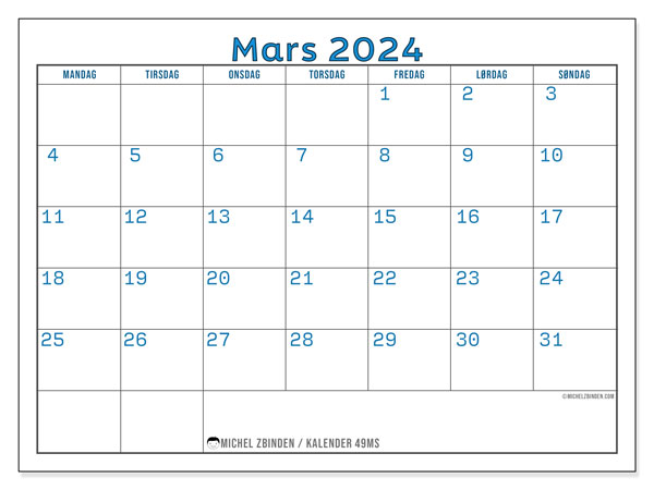 Kalender for utskrift, mars 2024, 49MS