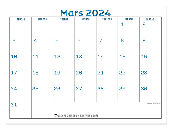 Kalender mars 2024, 49SL. Gratis kalender for utskrift.