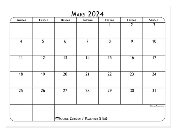Kalender for utskrift, mars 2024, 51MS