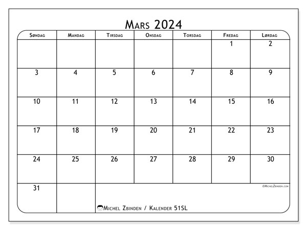Kalender mars 2024, 51SL. Gratis kalender for utskrift.