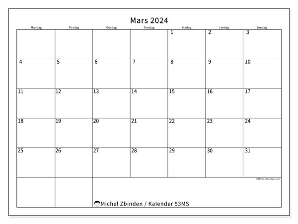 Kalender mars 2024 “53”. Gratis plan for utskrift.. Mandag til søndag