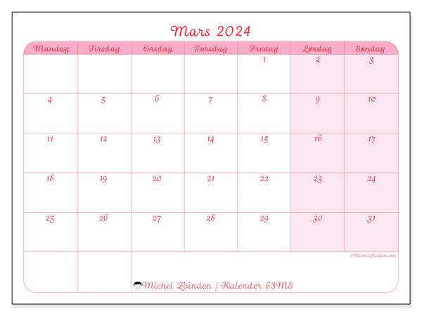 Kalender mars 2024, 63MS. Gratis kalender for utskrift.