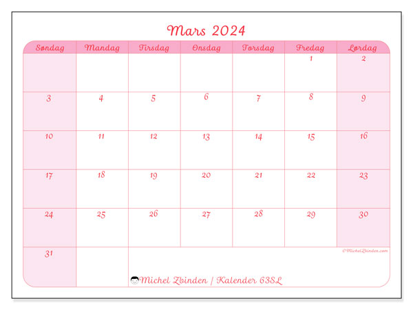 Kalender mars 2024 “63”. Gratis journal for utskrift.. Søndag til lørdag
