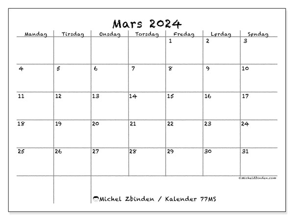 77MS, mars 2024 kalender, til utskrift, gratis.