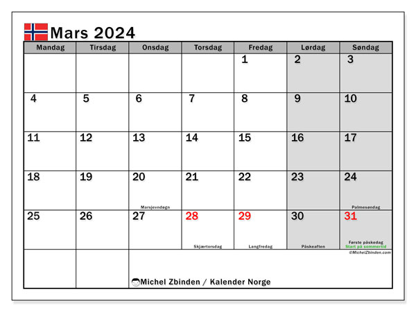 Kalenteri maaliskuu 2024, Norja (NO). Ilmainen tulostettava kalenteri.
