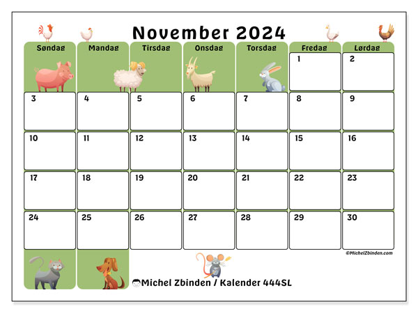 Kalender november 2024 “444”. Gratis plan for utskrift.. Søndag til lørdag