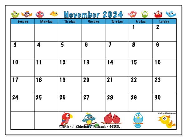 Kalender november 2024 “483”. Gratis plan for utskrift.. Søndag til lørdag