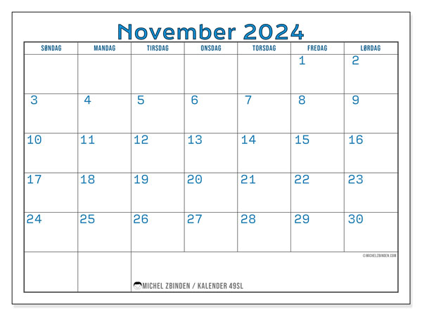 Kalender for utskrift, november 2024, 49SL