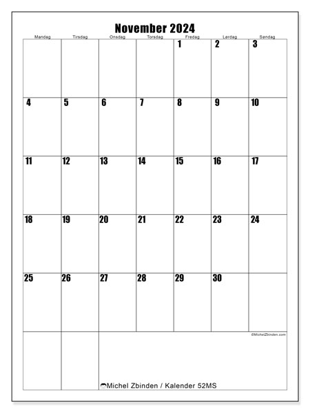Kalender for utskrift, november 2024, 52MS