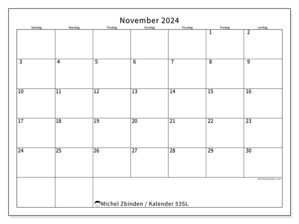 Kalender november 2024 “53”. Gratis journal for utskrift.. Søndag til lørdag