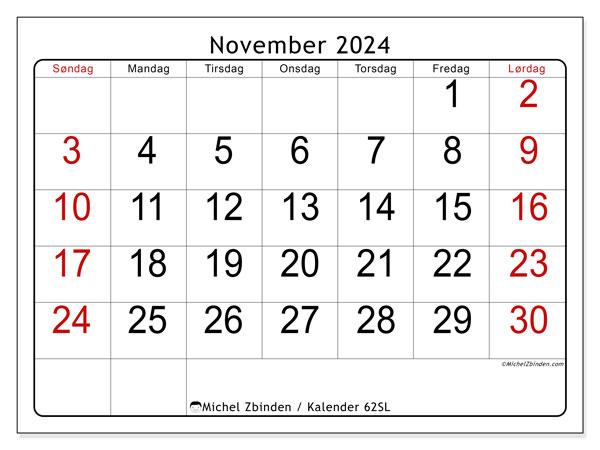 Kalender november 2024 “62”. Gratis program for utskrift.. Søndag til lørdag