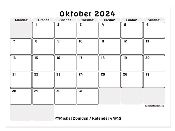 Kalender oktober 2024 “44”. Gratis program for utskrift.. Mandag til søndag