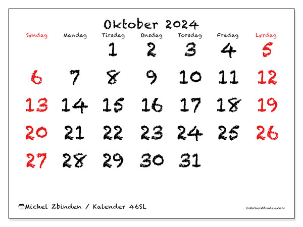 Kalender oktober 2024 “46”. Gratis kalender for utskrift.. Søndag til lørdag