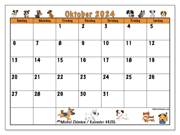 Kalender oktober 2024 “482”. Gratis journal for utskrift.. Søndag til lørdag