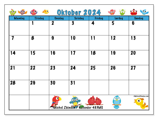 Kalender oktober 2024 “483”. Gratis journal for utskrift.. Mandag til søndag