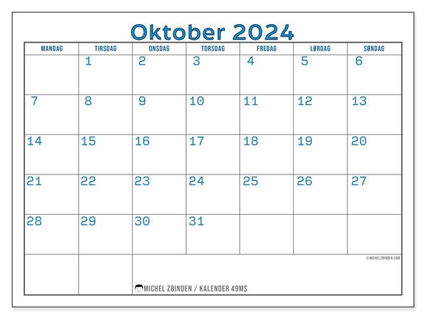 Kalender for utskrift, oktober 2024, 49MS
