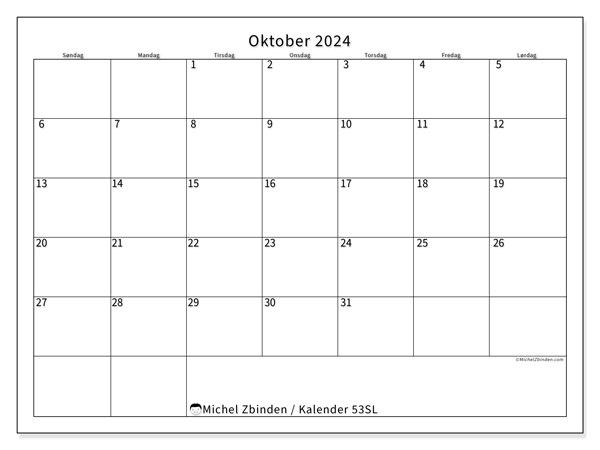Kalender oktober 2024 “53”. Gratis kalender for utskrift.. Søndag til lørdag
