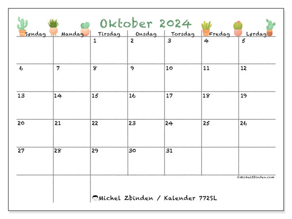 Kalender oktober 2024 “772”. Gratis kalender for utskrift.. Søndag til lørdag