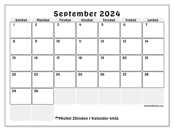 Kalender september 2024 “44”. Gratis plan for utskrift.. Søndag til lørdag