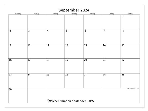 Kalender september 2024 “53”. Gratis plan for utskrift.. Mandag til søndag