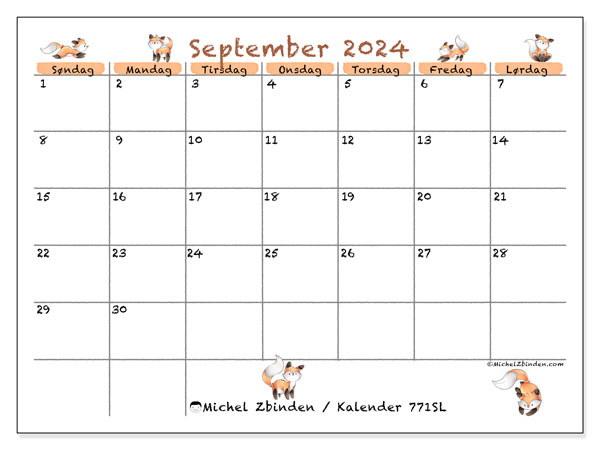 Kalender september 2024 “771”. Gratis plan for utskrift.. Søndag til lørdag