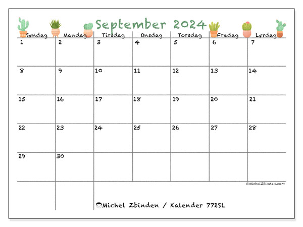 Kalender september 2024 “772”. Gratis kalender for utskrift.. Søndag til lørdag