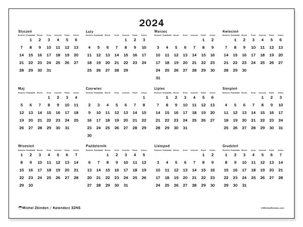 Kalendarz roczny 2024 “32”. Darmowy terminarz do druku.. Od niedzieli do soboty