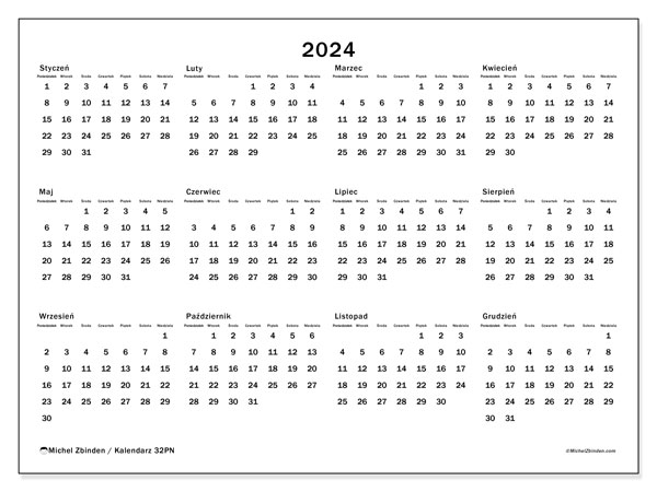 Kalendarz roczny 2024 “32”. Darmowy terminarz do druku.. Od poniedziałku do niedzieli