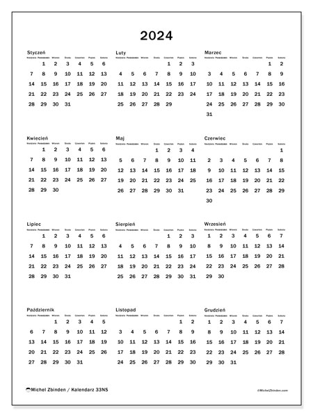Kalendarz roczny 2024 “33”. Darmowy terminarz do druku.. Od niedzieli do soboty