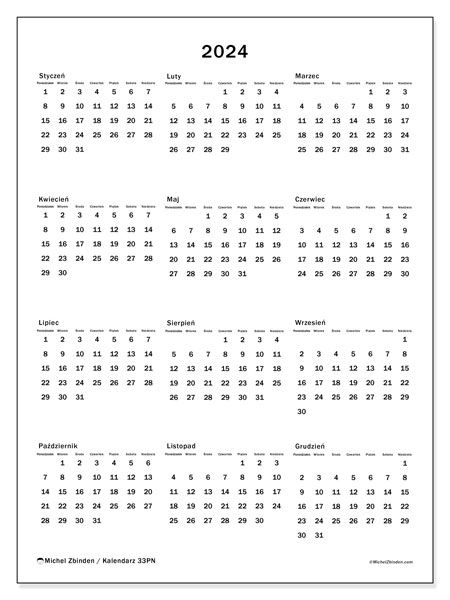 Kalendarz roczny 2024 “33”. Darmowy terminarz do druku.. Od poniedziałku do niedzieli