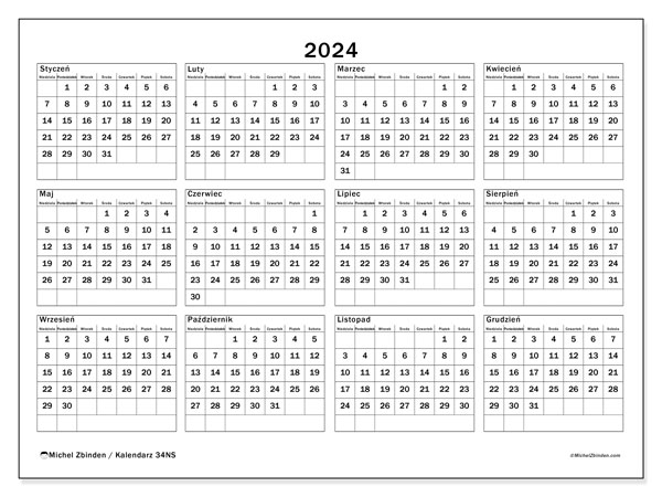 Kalendarz roczny 2024 “34”. Darmowy dziennik do druku.. Od niedzieli do soboty