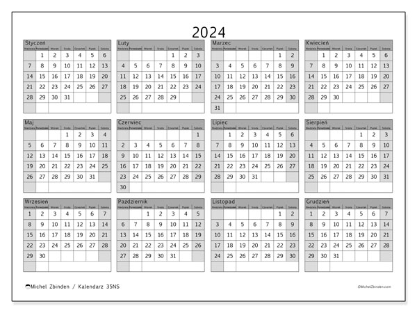 Kalendarz roczny 2024 “35”. Darmowy terminarz do druku.. Od niedzieli do soboty