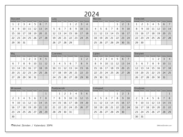 Kalendarz roczny 2024 “35”. Darmowy terminarz do druku.. Od poniedziałku do niedzieli