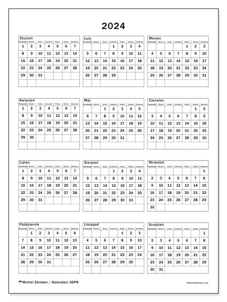 Kalendarz roczny 2024 “36”. Darmowy terminarz do druku.. Od poniedziałku do niedzieli