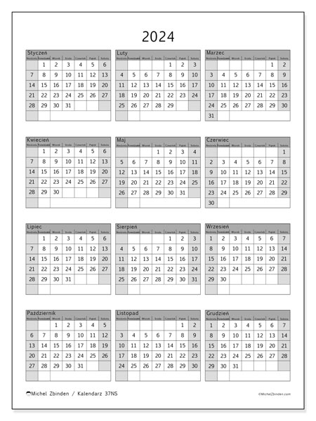 Kalendarz roczny 2024 “37”. Darmowy terminarz do druku.. Od niedzieli do soboty