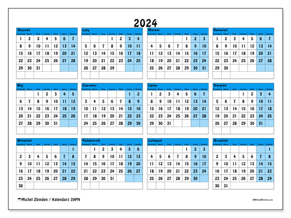 Kalendarz roczny 2024 “39”. Darmowy kalendarz do druku.. Od poniedziałku do niedzieli