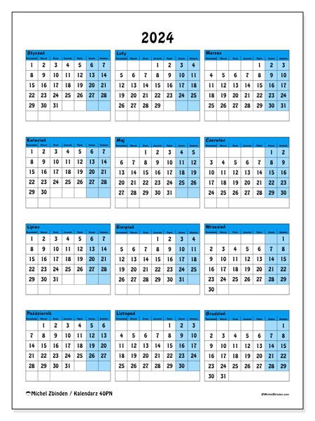 Kalendarz roczny 2024 “40”. Darmowy kalendarz do druku.. Od poniedziałku do niedzieli