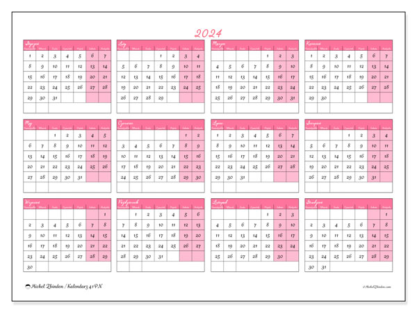Kalendarze roczne 2024, 41PN. Darmowy plan do druku.