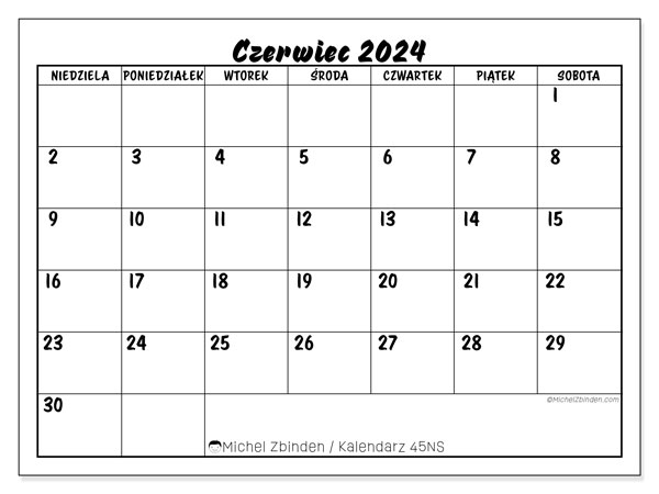 Kalendarz czerwiec 2024 “45”. Darmowy kalendarz do druku.. Od niedzieli do soboty