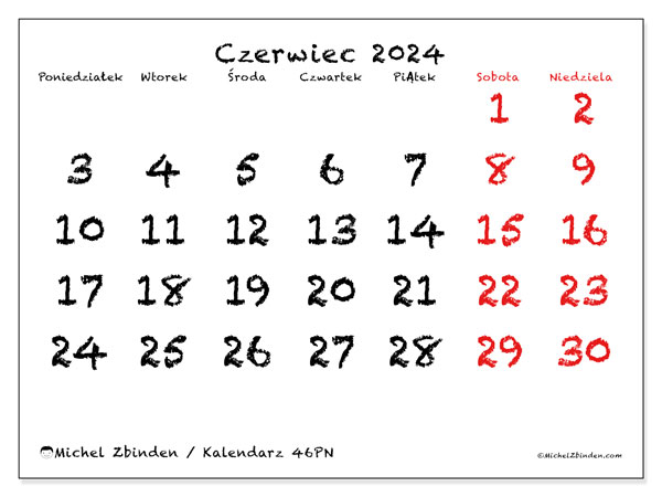 Kalendarz czerwiec 2024 “46”. Darmowy kalendarz do druku.. Od poniedziałku do niedzieli