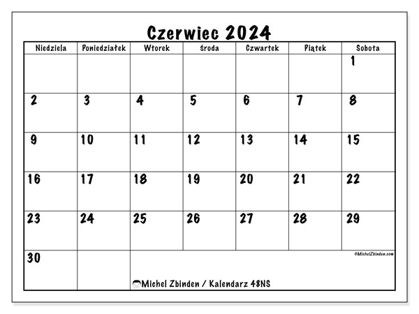 Kalendarz czerwiec 2024 “48”. Darmowy terminarz do druku.. Od niedzieli do soboty