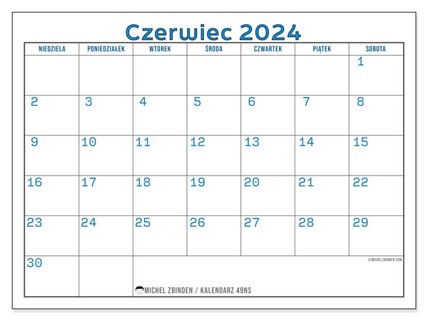 Kalendarz czerwiec 2024, 49NS. Darmowy program do druku.