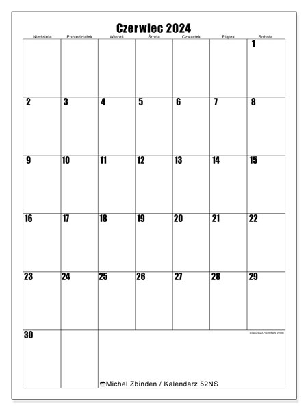 Kalendarz czerwiec 2024 “52”. Darmowy kalendarz do druku.. Od niedzieli do soboty