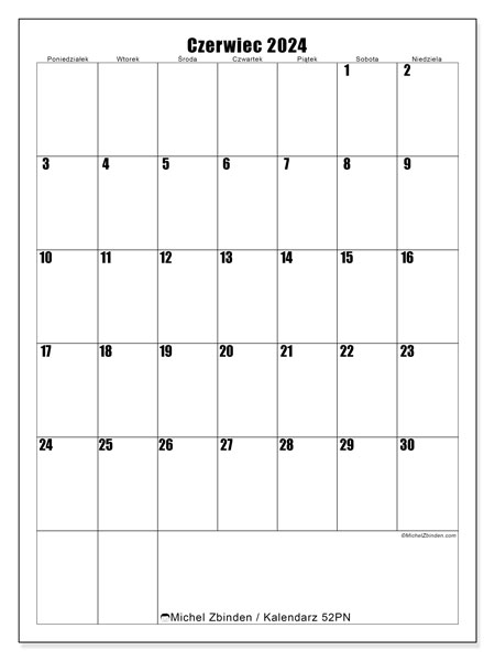 Kalendarz czerwiec 2024 “52”. Darmowy kalendarz do druku.. Od poniedziałku do niedzieli