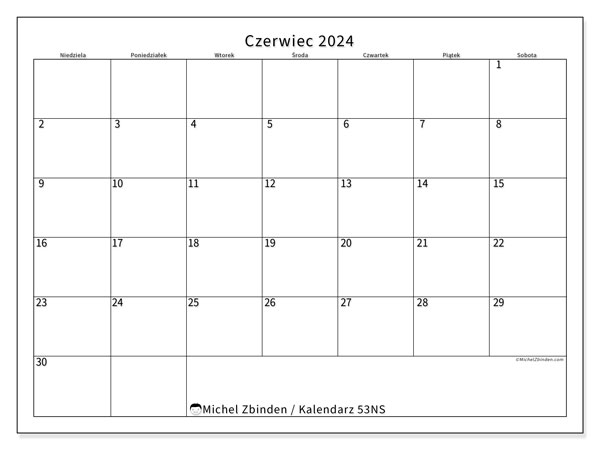 Kalendarz czerwiec 2024 “53”. Darmowy kalendarz do druku.. Od niedzieli do soboty