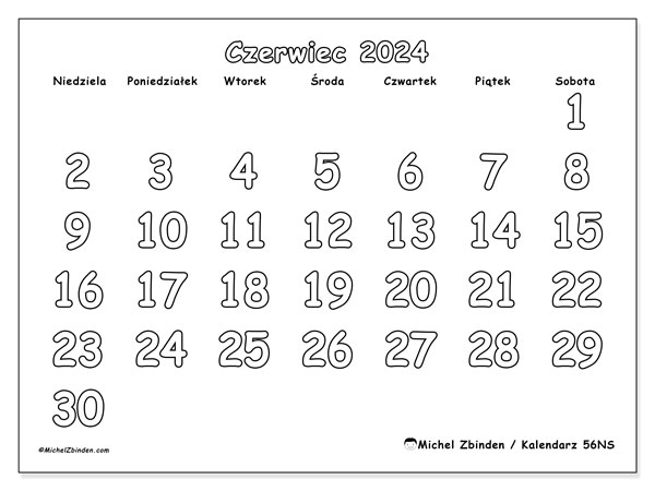 Kalendarz czerwiec 2024 “56”. Darmowy plan do druku.. Od niedzieli do soboty